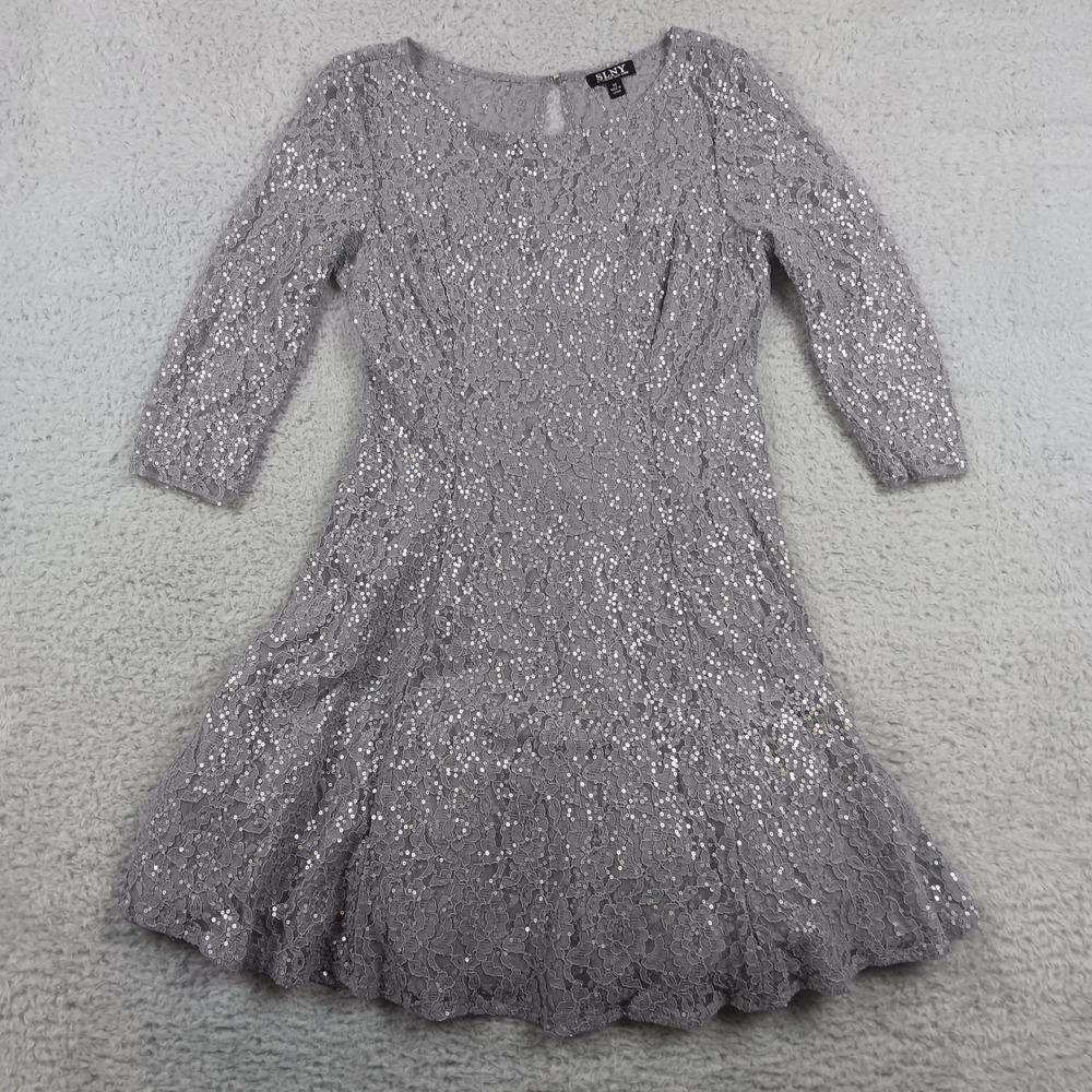SLNY Dress Fit and Flare Women 12 Silver Sequin Lace 3/4 Sleeve 112145